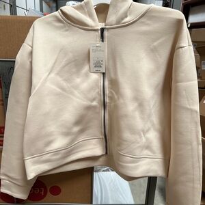 Large A New Day! Cream Zip-Up Hooded Sweatshirt - Cropped Cozy Style